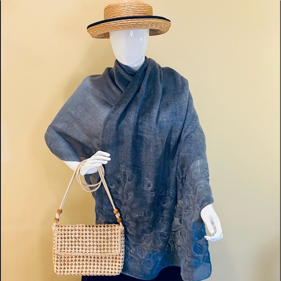 🌟HP🌟Washed Denim Blue Colored Embroidered Scarf Wrap by Eyeful OSFM - Picture 2 of 7